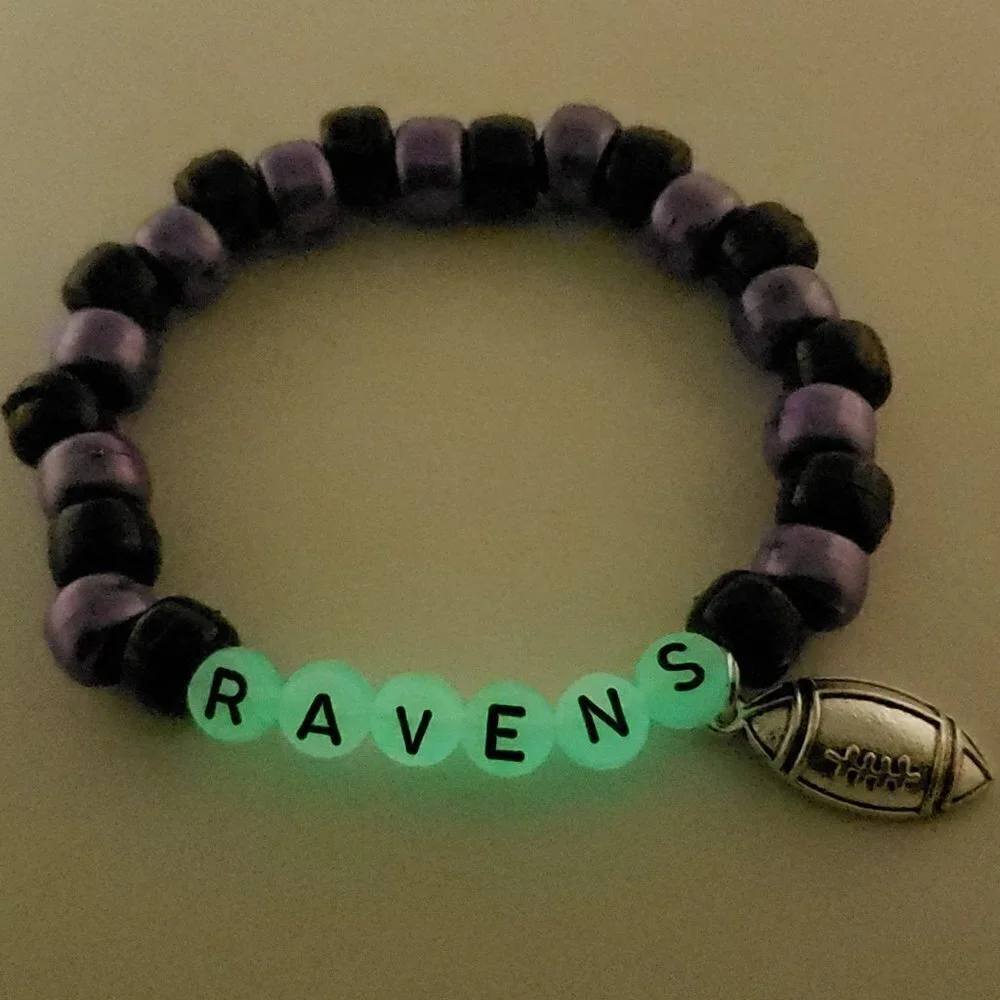 COPY - Baltimore Ravens glow in dark Beaded Charm Bracelet
